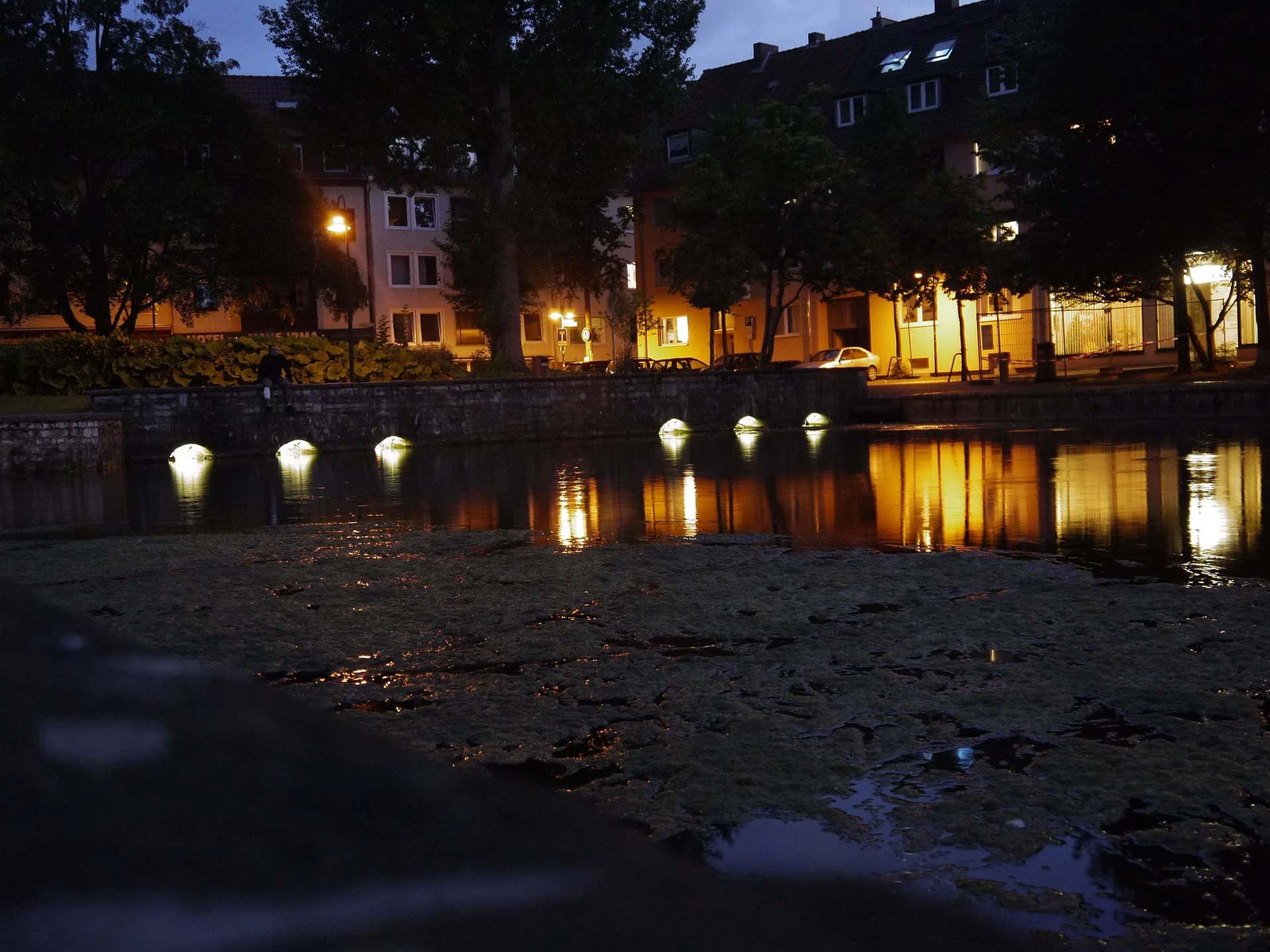 Beleuchtetes Paderquellgebiet mit Häusern im Hintergrund bei Nacht