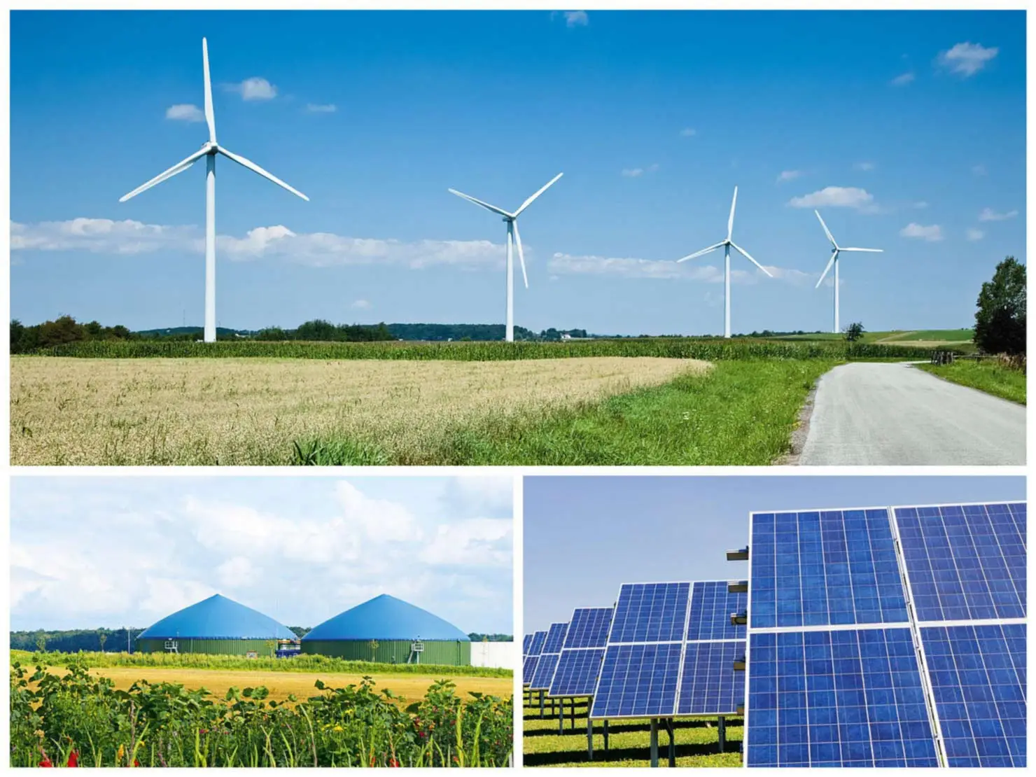 Erneuerbare Energien - Windräder am oberen Bild, Biogasanlagen unten links und Solaropanele unten rechts